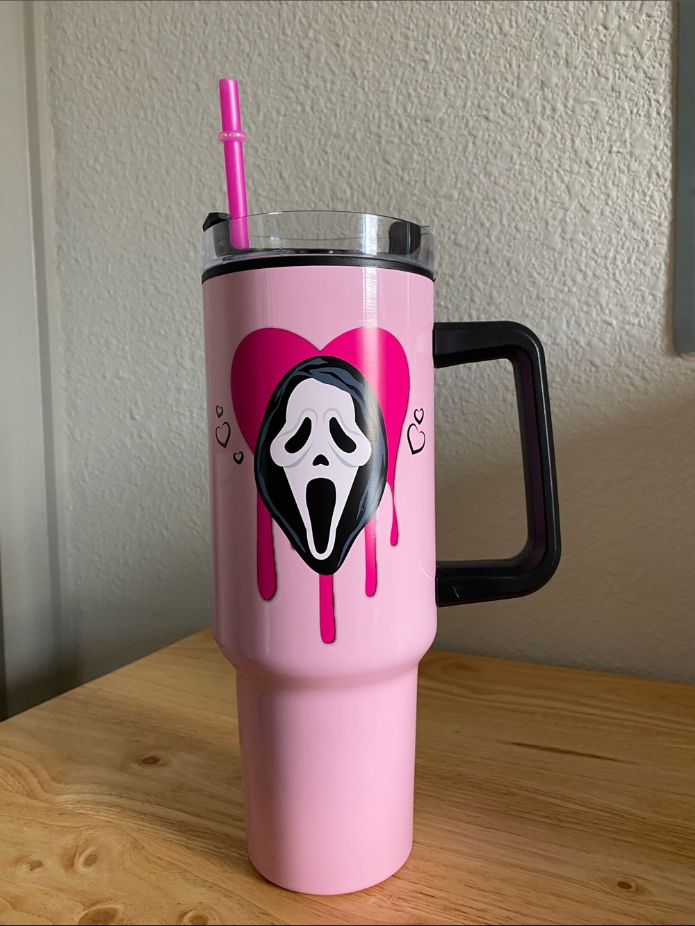 Pink Ghost Face Tumbler with Straw (40 Oz)